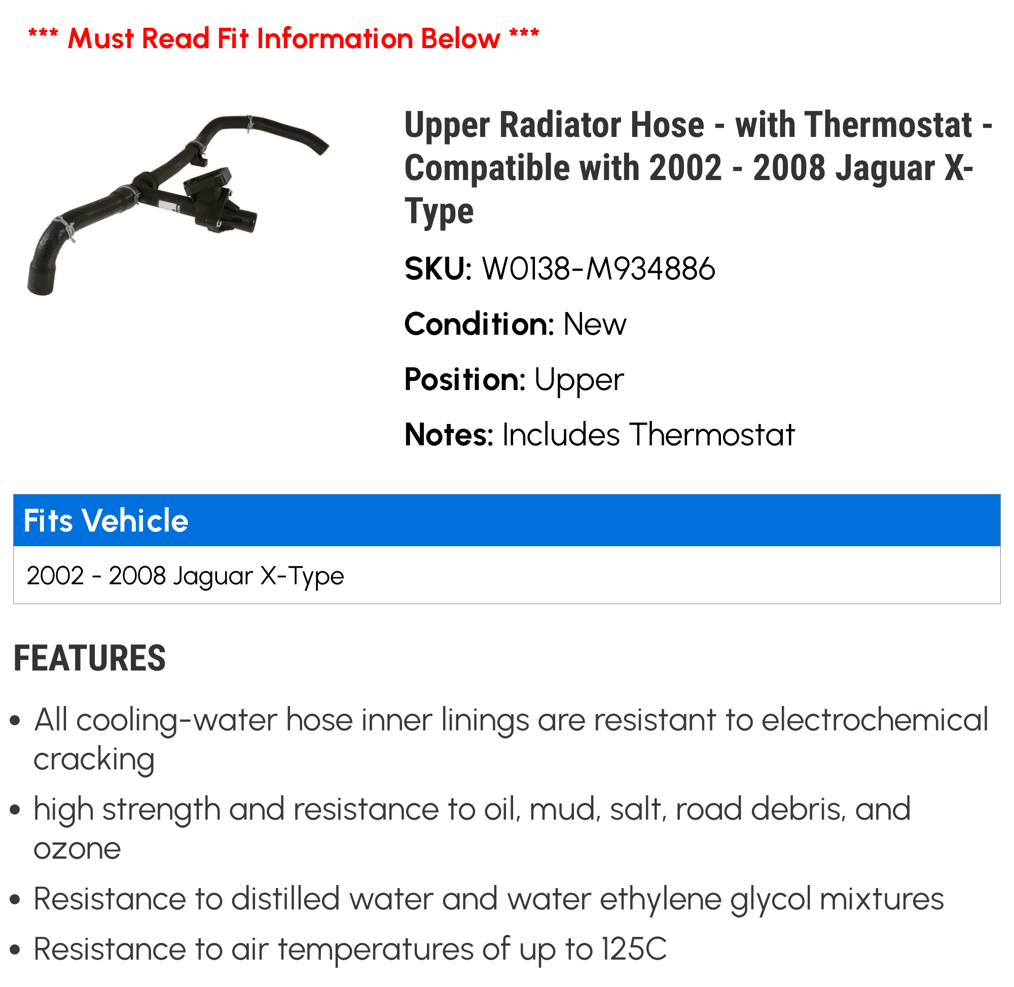 Upper Radiator Hose - with Thermostat - Compatible with 2002 - 2008 Jaguar X-Type 2003 2004 2005 2006 2007