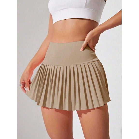 Khaki Pleated Athletic Skort With Wide Waistband Mini Skirt