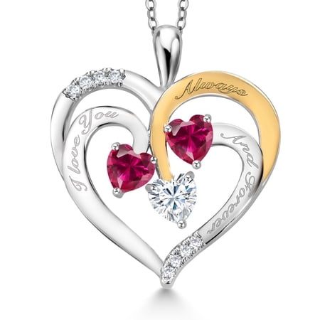 Gem Stone King Two Tone Red Created Ruby and White Moissanite `I love you always and forever` Engraved Pendant Necklace for Women (1.62 cttw, Heart Shape 5MM, 18 inch Chain)