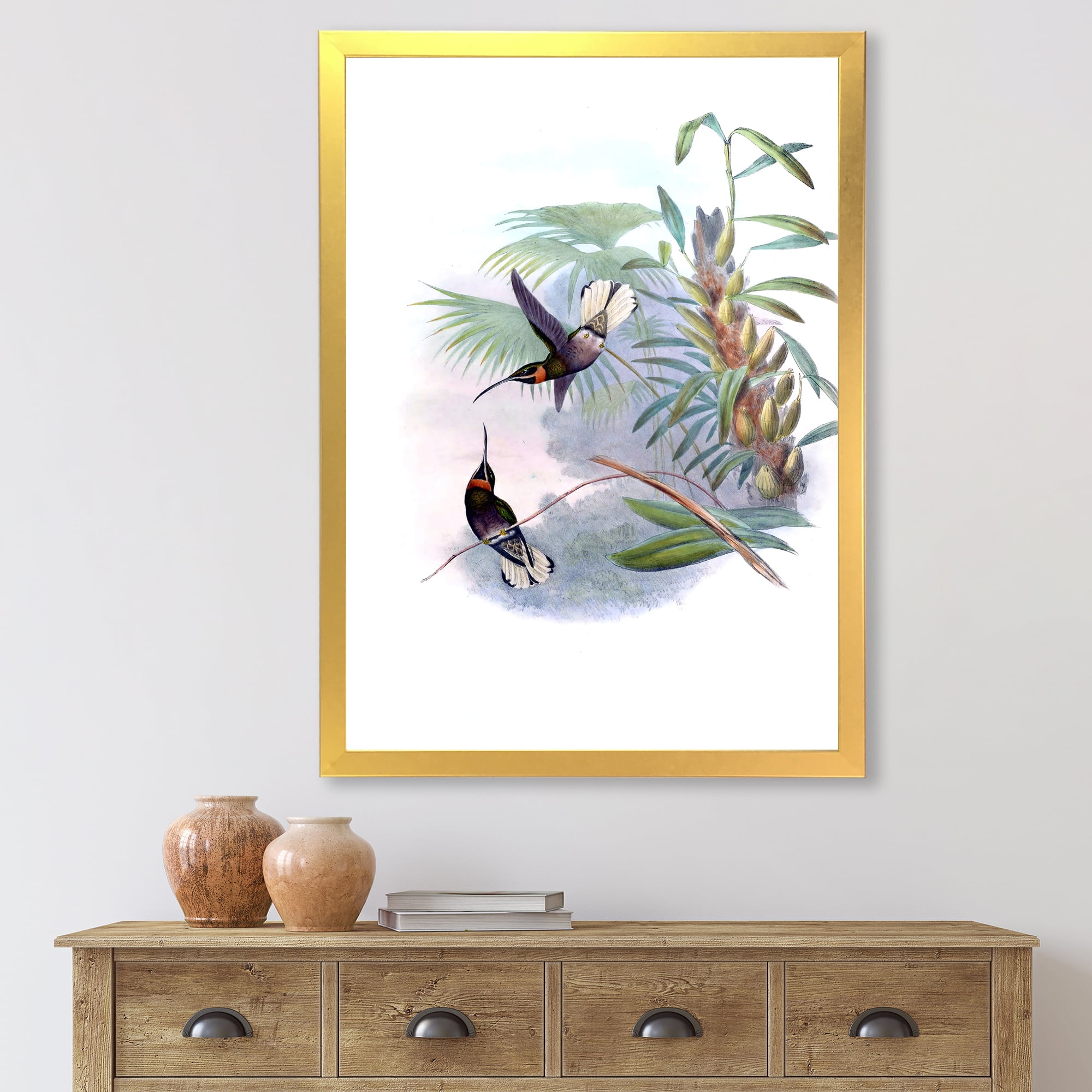 Designart 'Ancient Hummingbird On A Branch' Traditional Framed Art Print