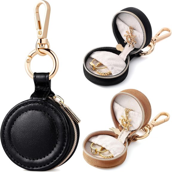 DESIGNICE 2 Pcs Portable Jewelry Ring Holder Boxs with Keychain | Portable Gym Jewelry Storage Box Case, Small Travel Sports Ring Keeper, Earring Stud Necklace Storage Organizer (Khaki Black)