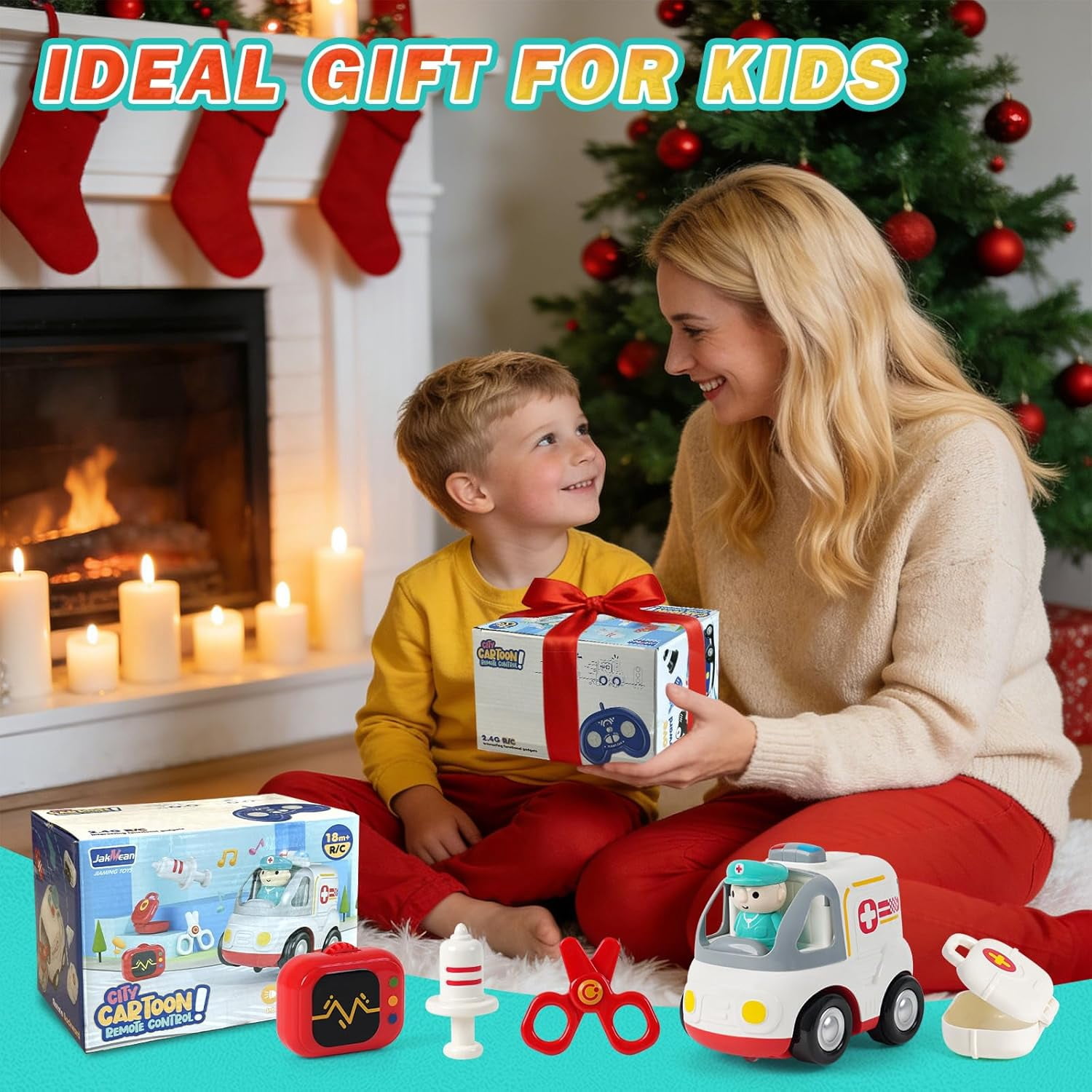 HYPERLIVING Remote Control Car for Kids - Cartoon RC Ambulance Toy for Toddlers 18+ Months, Ages 2 3 4 5 Years Old, Birthday Gifts for Boys with Lights & Sounds & Music