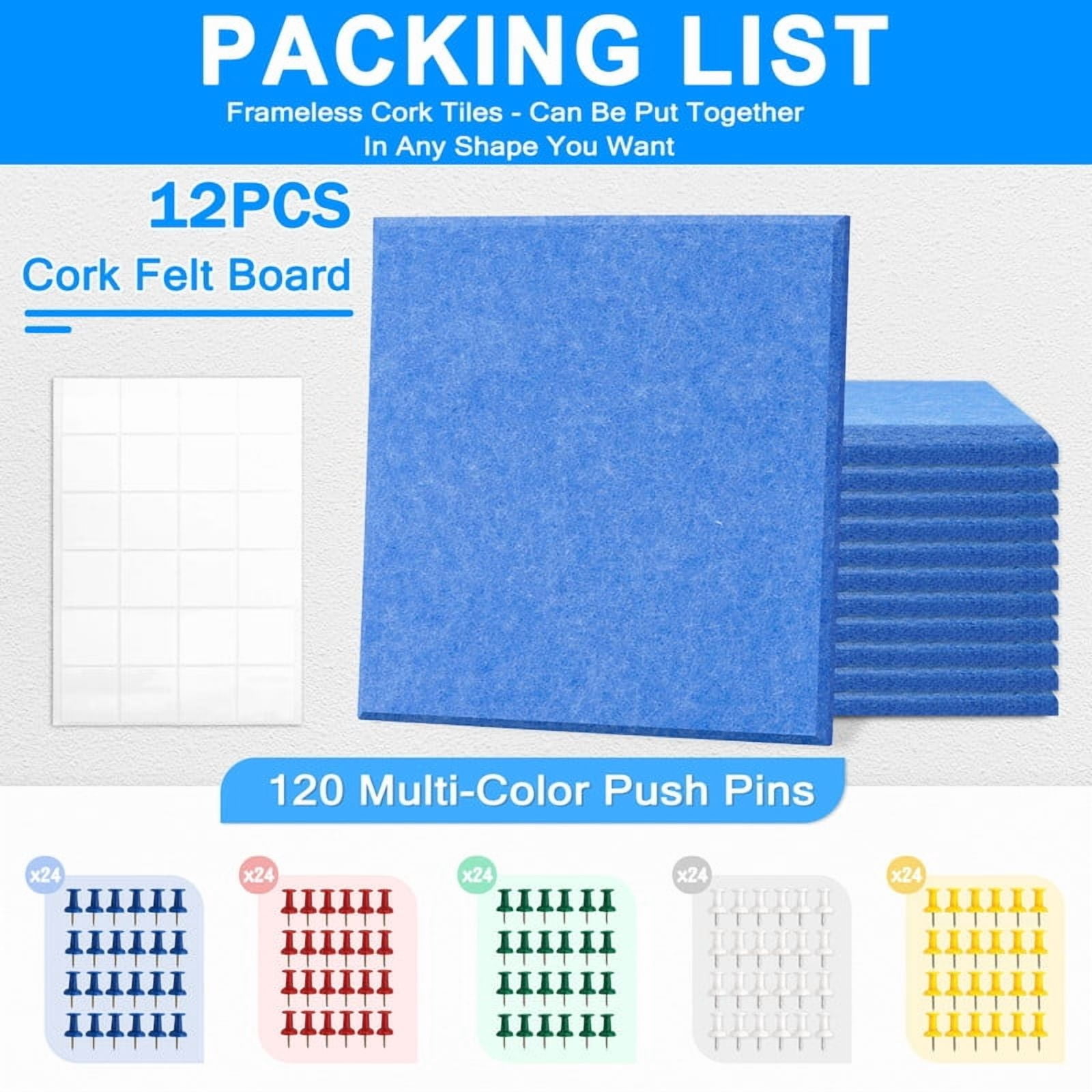 Large Cork Bulletin Board, 48"x36" Cork Board Wall Tiles 12 Packs 1/2" Thick Corkboards for Walls Safe Adhesive Acoustic Panels Soundproof Pin Board with 120 Pushpins, Blue