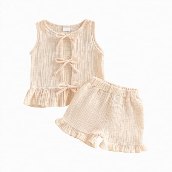 Xyant Toddler Baby Girl Clothes Infant Summer Outfits Cute Linen Bow Sleeveless Top and Ruffle Shorts 2pc Set,Size 2-3 Years