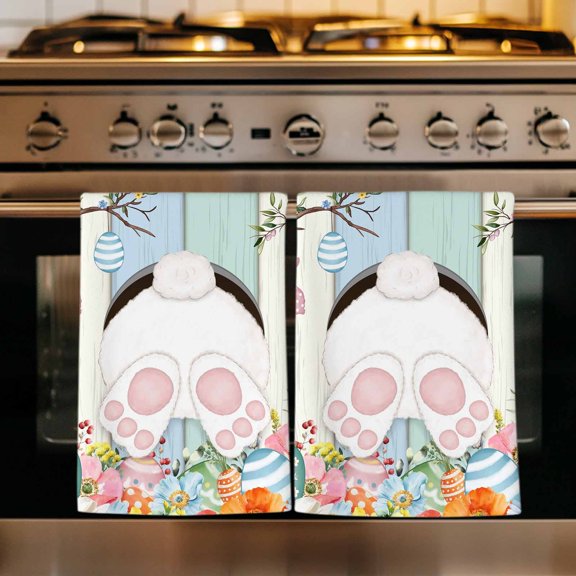 Easter Kitchen Towels Set of 2, Spring Watercolor Bunny Eggs Wood Grain Teal Blue Absorbent Dish Towels for Kitchen, Microfiber Hand Towel, Quick Drying Tea Towel for Cleaning Decorative Dishcloths