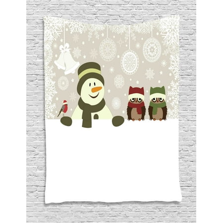 - Christmas Tapestry, Snowman and Owls in Snowy Winter Day with Jingle Bells and Snowflake Figures Image, Wall Hanging for Bedroom Living Room Dorm Decor, Multi, by Ambesonne