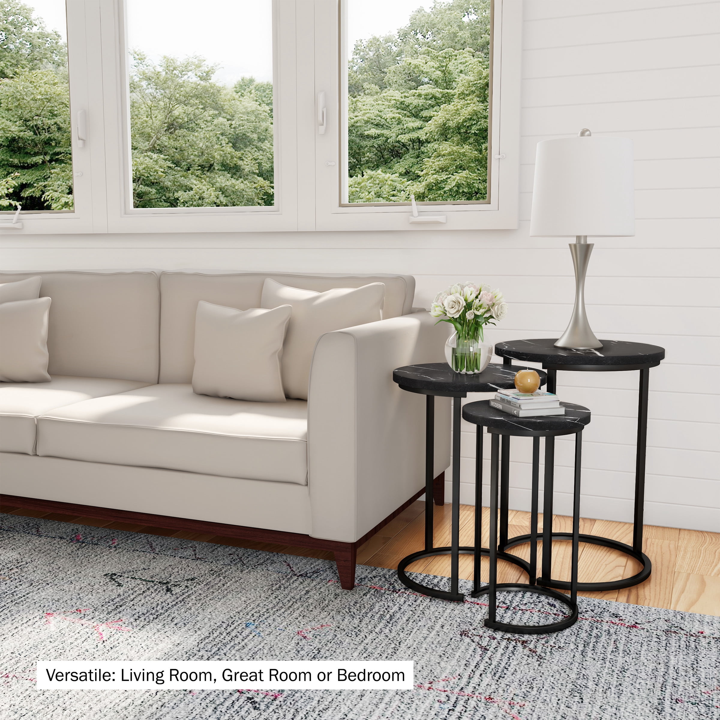 Lavish Home Set of 3 Round Nesting Tables for Living Room (Black Marble)