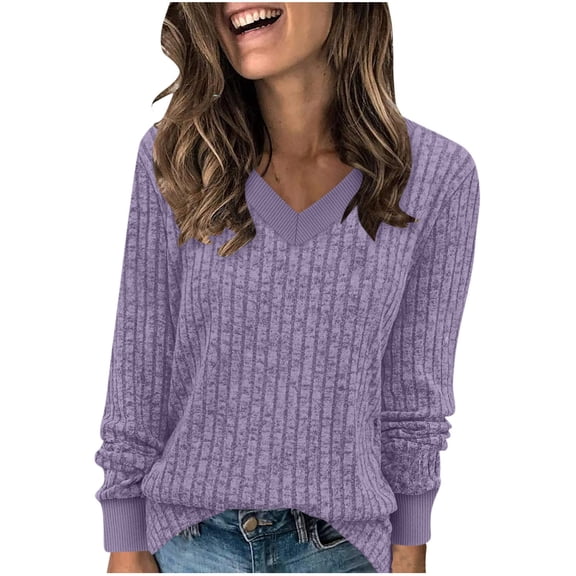 Lenpel Women's T Shirts Trendy V Neck Long Sleeve Brushed Fleece Ribbed Knit Tunic Tops Casual Loose Tee Blouses(Purple,X-Large)