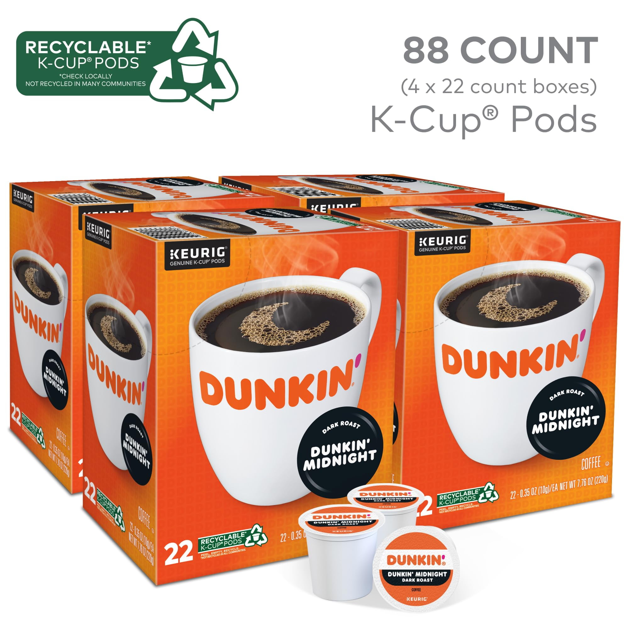 Dunkin' Single-Serve Coffee K-Cup®, Dark Roast, Carton of 4 Boxes of 22