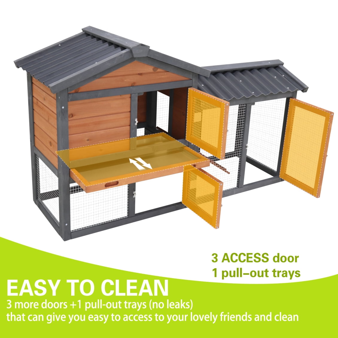 2-Story Rabbit Hutch with Run, 58" Bunny Cage with 1 Pull-Out Tray, 3 Lockable Doors and Waterproof Roof for Rabbits, Guinea Pigs, Small Pets, Grey+Red