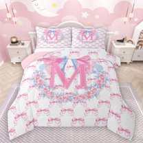 Castle Fairy Letter Monogrammed M Full Size Comforter Sets 3-Piece for Boys Girls,Kawaii Floral Bow Bedding Comforter Set,Dreamy Princess Lightweight Bedding Sets,Breathable Home Decor,Reversible