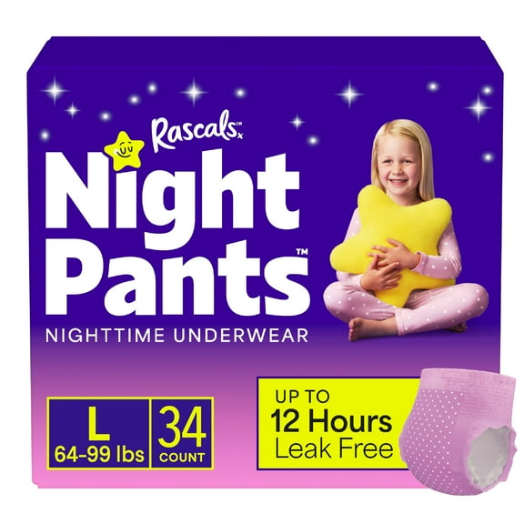Rascals Night Pants, Absorbent Disposable Girls Nighttime Bedwetting Underwear, L  (64-99 lbs), 34 Count