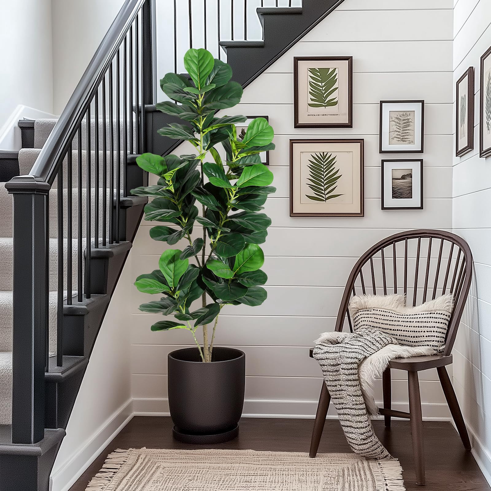 Artificial Fiddle Leaf Fig Tree：5FT Tall Faux Ficus Lyrata Plant Fake Fig Trees Realistic Green Silk Large Leaves with Natural Trunks in Black Planter for Indoor Outdoor Office Home