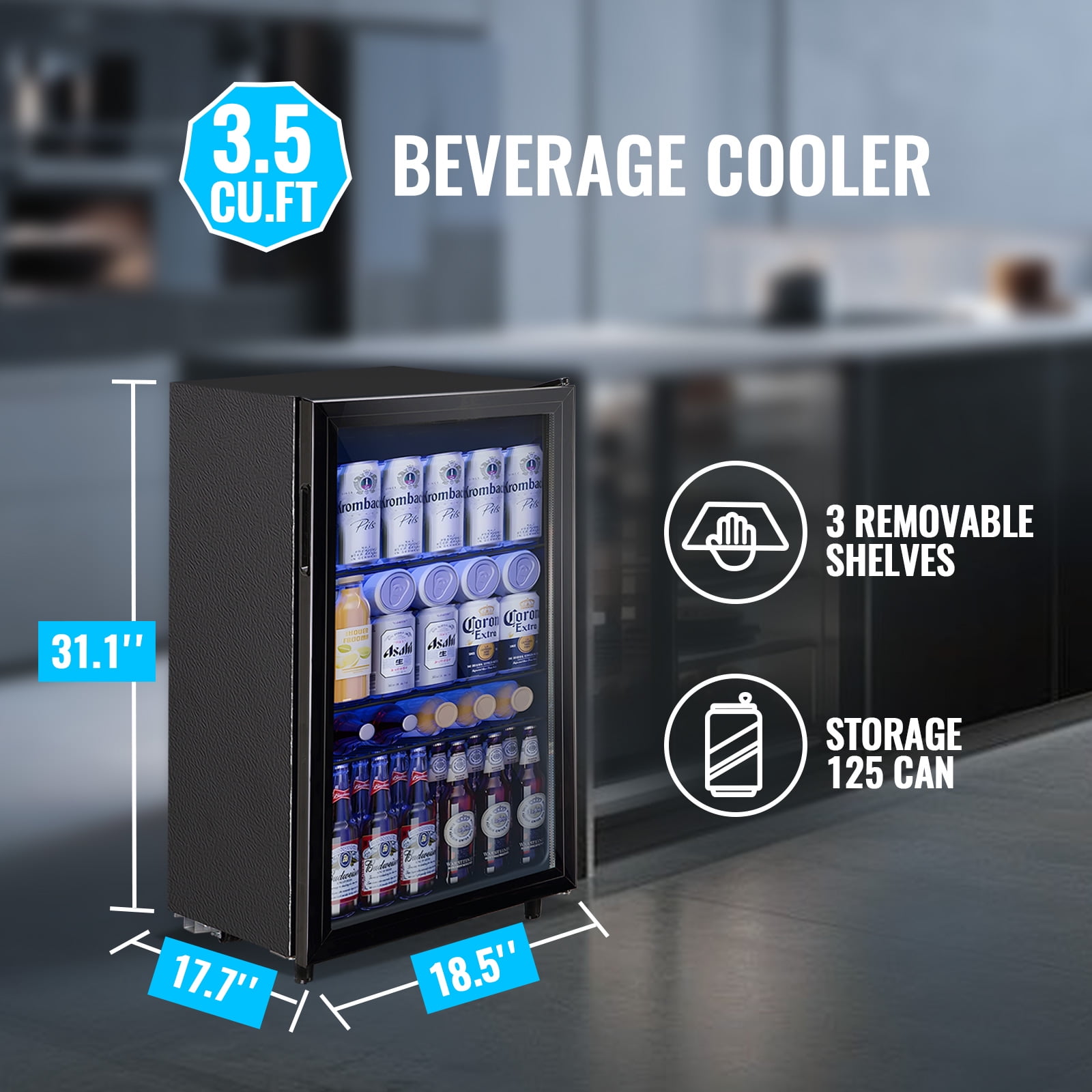 TACOOL Small Beverage Cooler 130 Can Beverage Refrigerator Cooler, 3.5 Cu.Ft Drink Mini Fridge Glass Door for Soda Beer Black