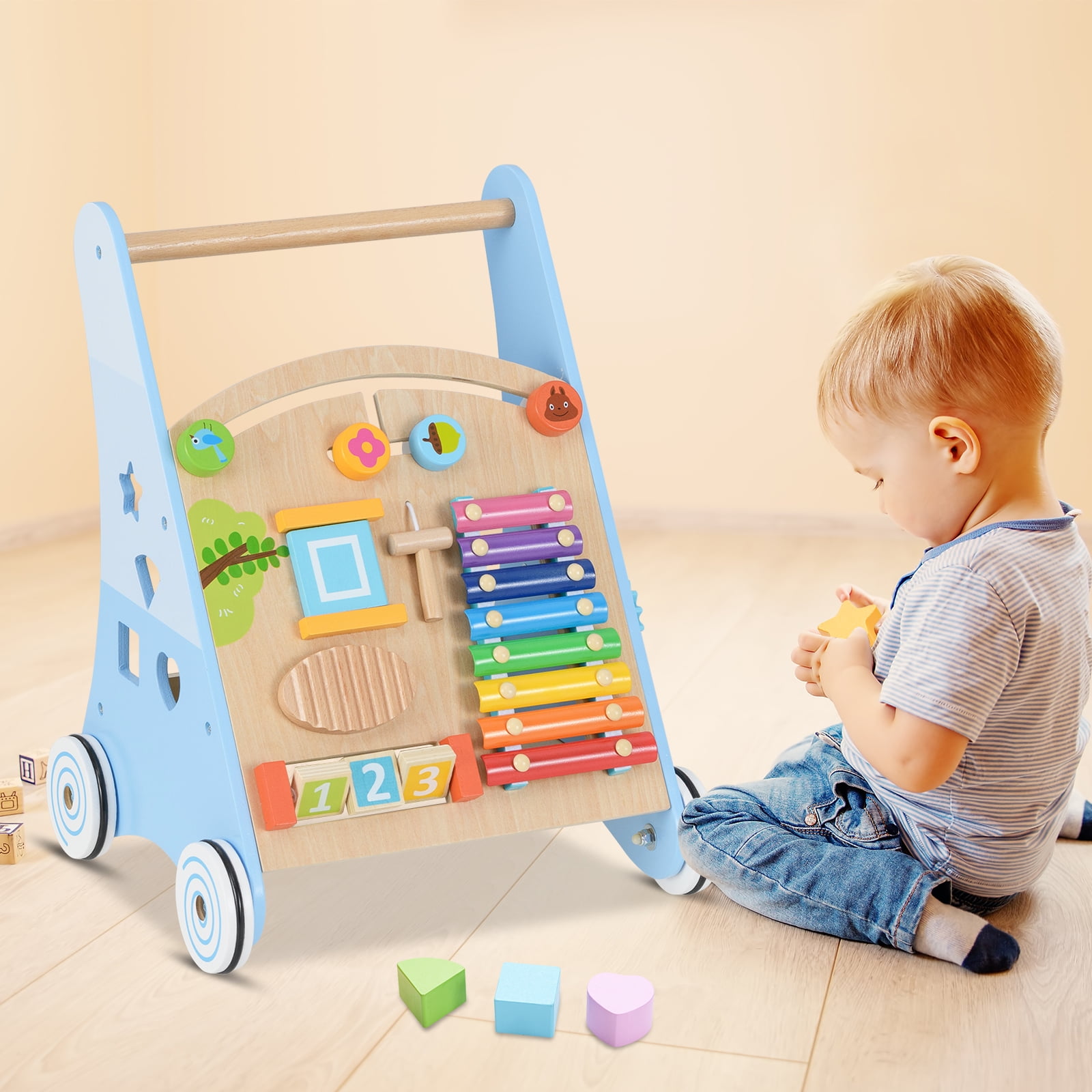 INFANS Wooden Baby Walker, Montessori Walker with Multiple Activity Toys, Storage, Push Walker Toys for Infant Learning to Walk, Sit to Stand Walker for Boys Girls Aged 1+ Years