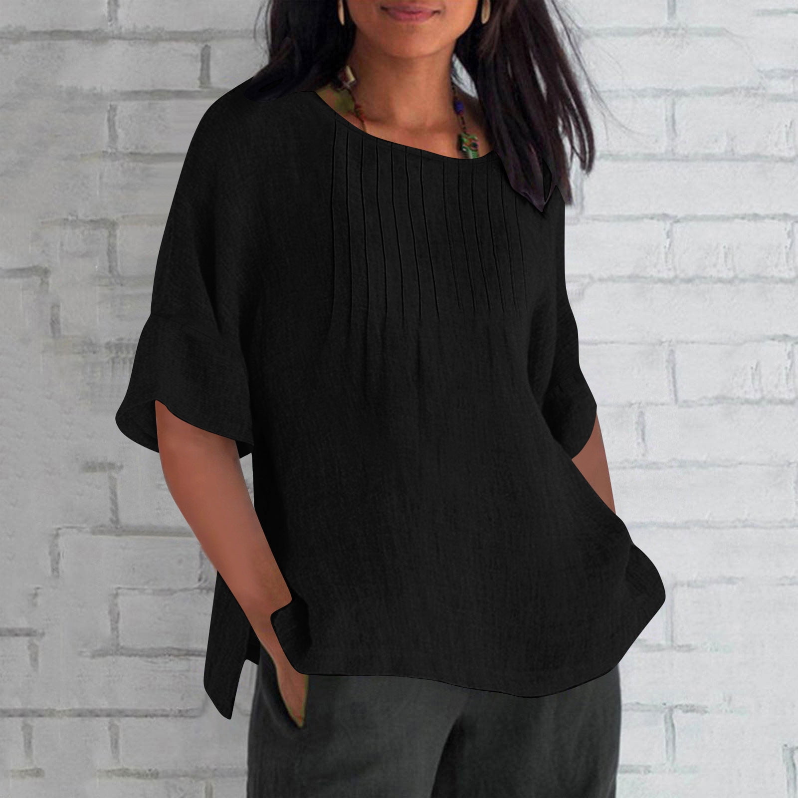 Women's Cotton Linen Blouse, Short Sleeve Crewneck Loose Fit Tunic Top ...