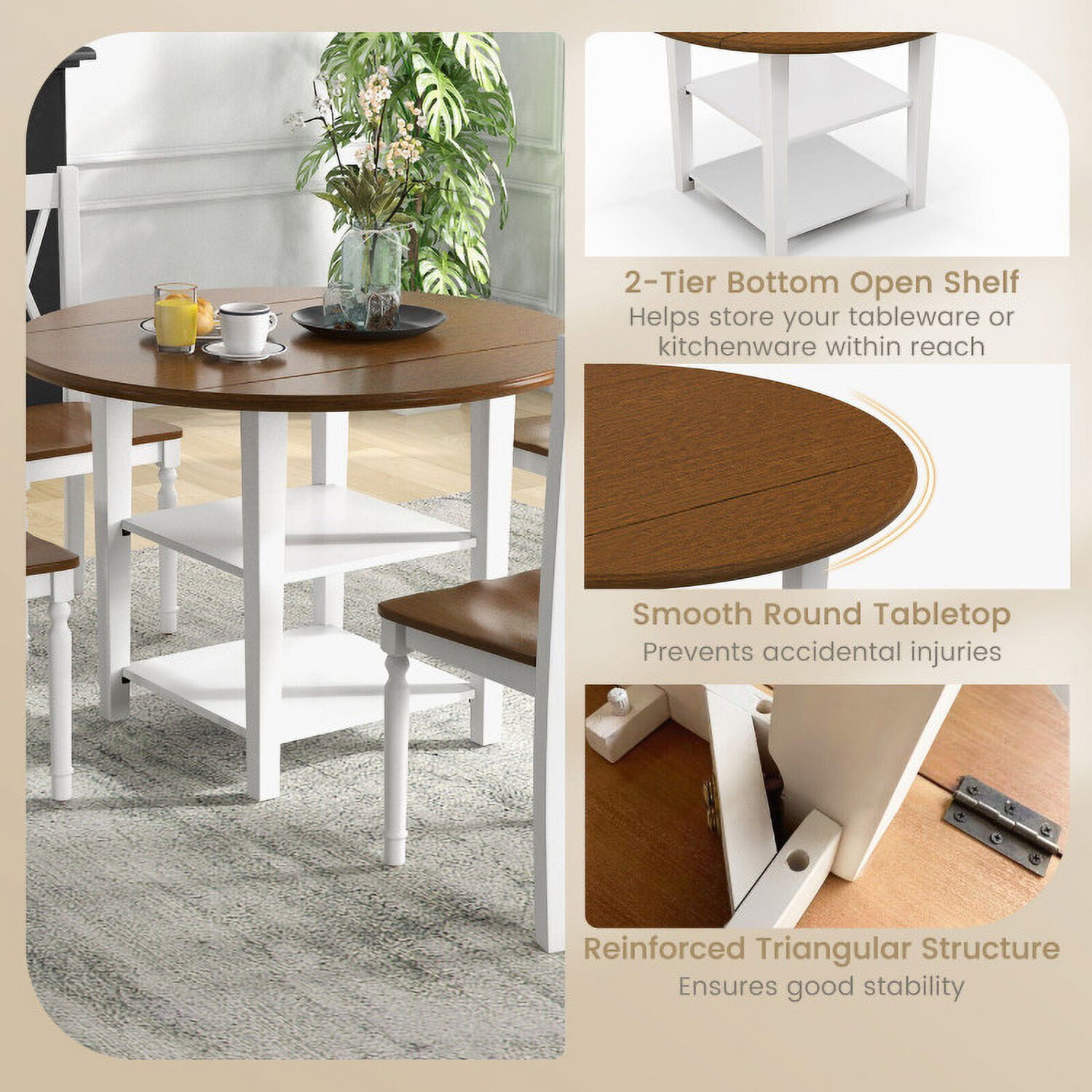 Finihen Dining Set, Dining Table Set, 5 Piece Round Kitchen Dining Set with Drop Leaf Table Top, for Home, Restaurant, Walnut & White Finihen Dining Set, Dining Table Set, 5 Piece Round Kitchen Dining Set with Drop Leaf Table Top, for Home, Restaurant, Walnut & White