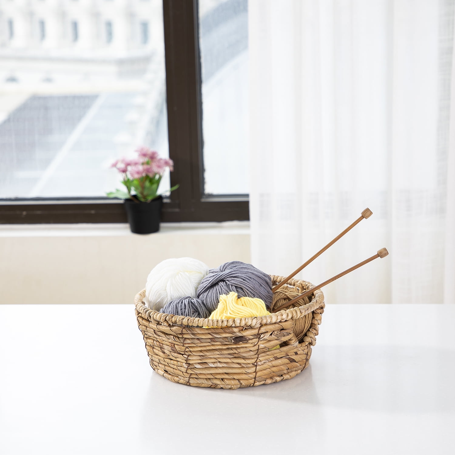 (6 pack) BHG Round Water Hyacinth Woven Decorative Storage Basket, 10"D x 4"H