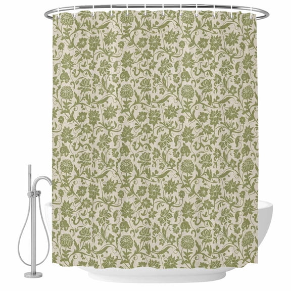 Extra Long Shower Curtain 72x84 Inch, Green Floral Shower Curtain Waterproof Bathroom Decor, Vintage Rustic Botanical Spring Fabric Bath Curtain Set Accessories with Hooks