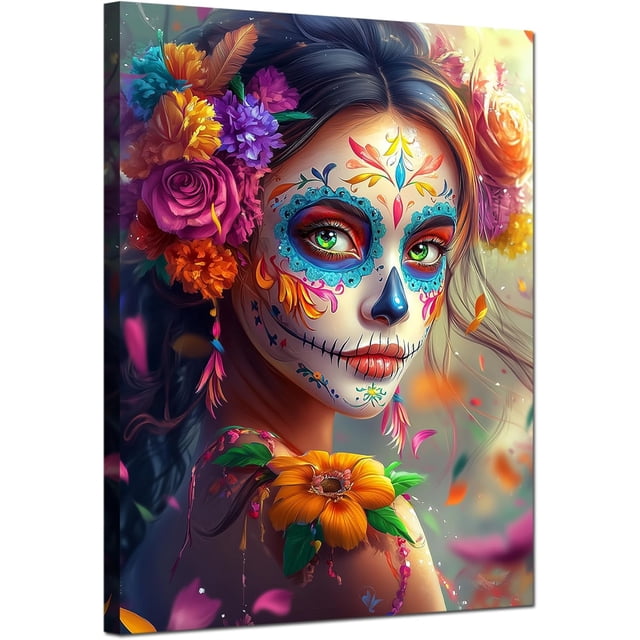Mujer con Maquillaje Catrina y Corona de Flores, Arte del Día de los Muertos Mexicano, Cuadro en Lienzo para Decoración Interior
