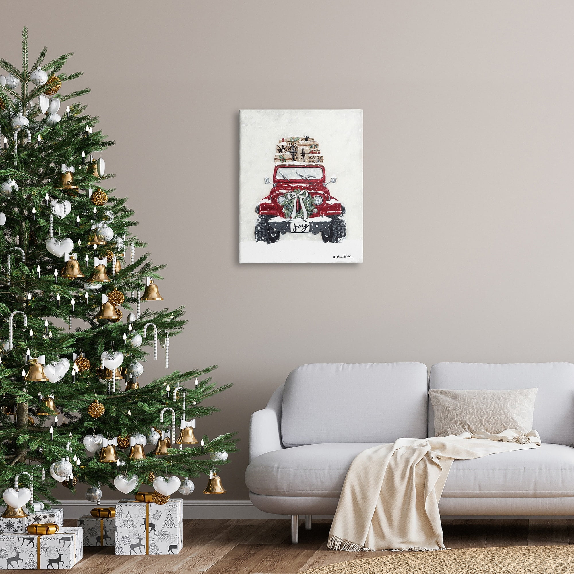 Festive Red Truck Christmas Presents Snowscape Flurry Transportation Painting Gallery-Wrapped Canvas Print Wall Art