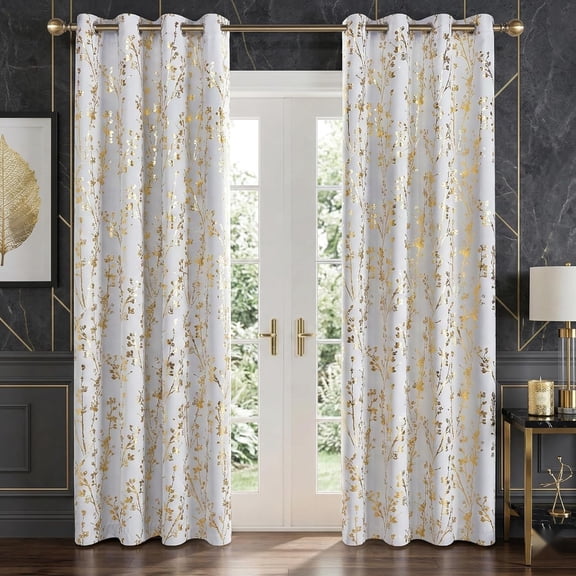 NICETOWN 100% Blackout Curtains 84 Inch Length Gold White Foil Branch Grommet Full Room Darkening Curtains, Thermal Panels Curtains for Bedroom & Living Room, 2 Panels