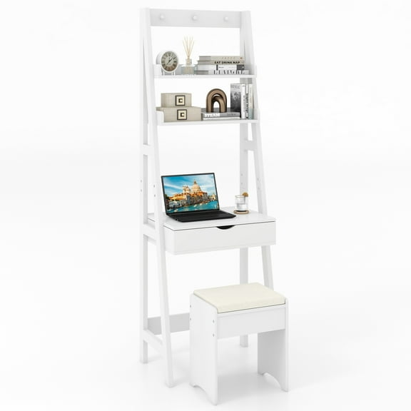 Gymax Vanity Desk w/ Flip-up Mirror and Stool w/ 6 Compartments