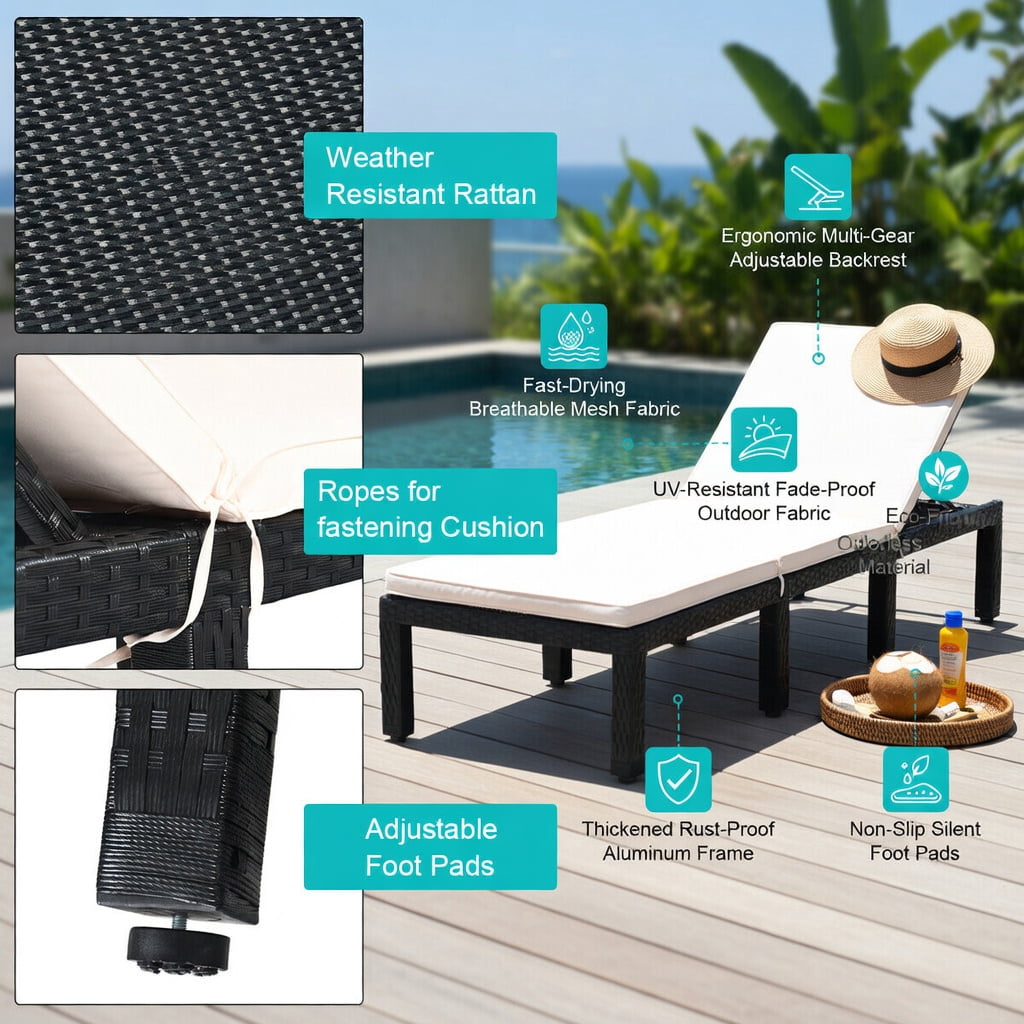 Hommoo Adjustable Height Outdoor Rattan Chaise Lounge Chair with Thick Cushion, PE Wicker Patio Lounger for Poolside, Garden, Porch, White