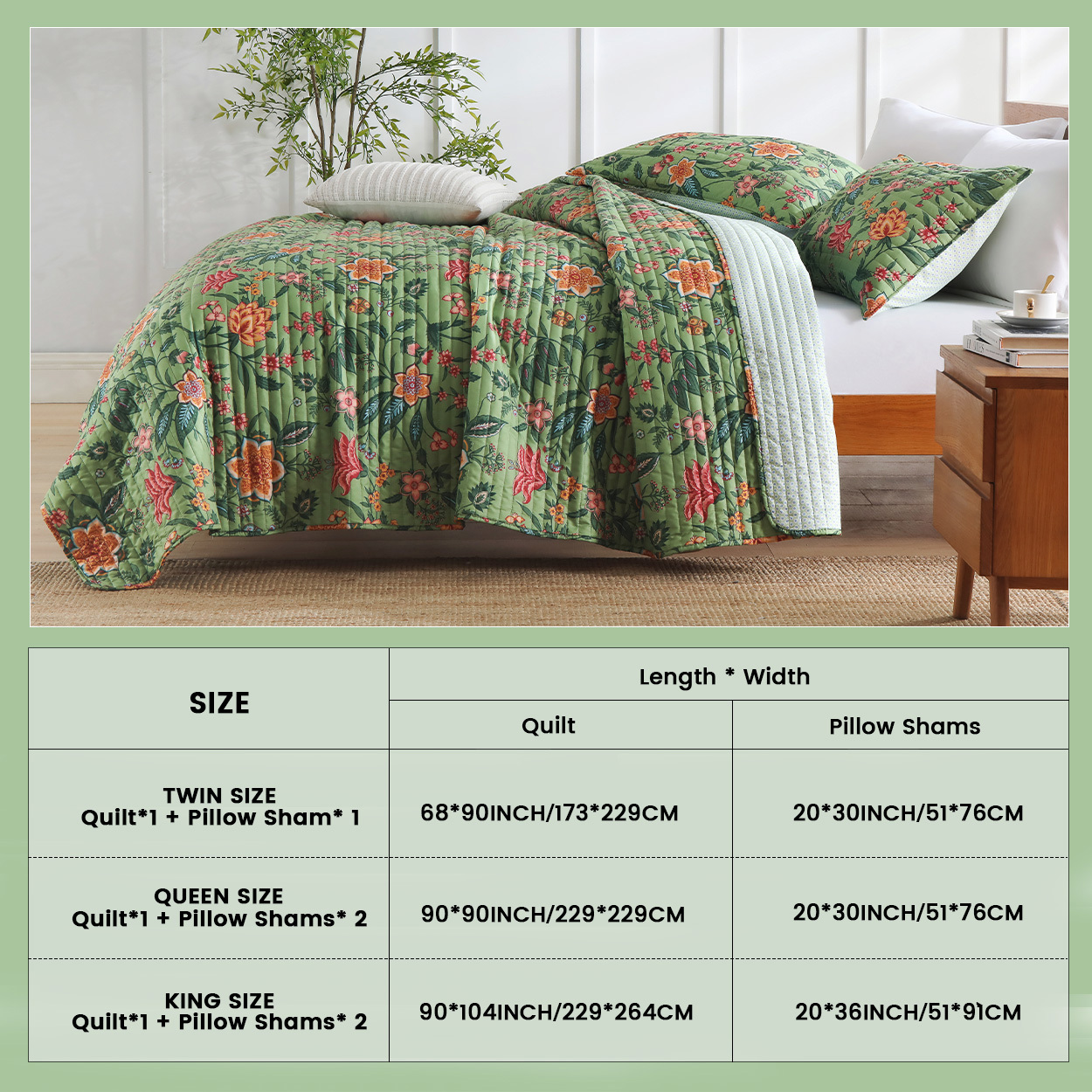 CHARRYARN Twin Comforter Set-Green Lightweight Patchwork-All Season Bedspread-Super Soft Quilt （1 Quilt, 1 Pillow Shams, Green）