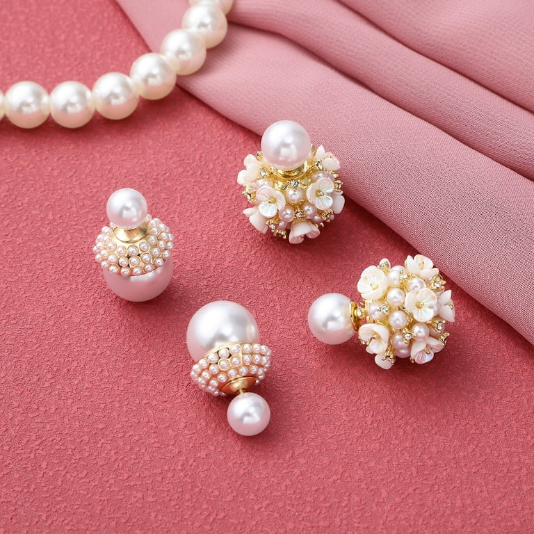 2 Pairs of Flower Pearl Earrings Ball Pearl Double Sided Ear Studs Front Back Earrings for Women and Girls