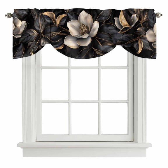 Tie Up Valances for Windows, Black Gold Flower Adjustable Valance Curtains Window Treatment for Living Room, Gradient Luxurious Floral Botanical Rod Pocket Kitchen Curtains & Drapes 42x12 Inch