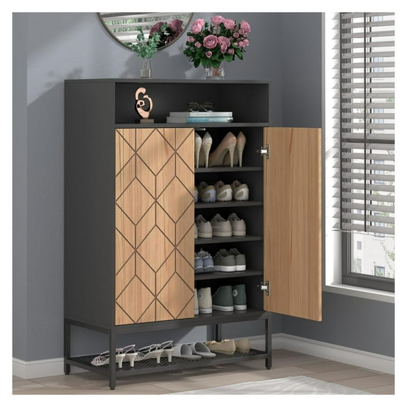 Shoe Organizer with Doors, Shoe Storage Cabinet with Adjustable Shelves for Entryway, 7-Tier Entryway Shoe Rack Storage for Hallway, Closet, Living Room Black-3d Pattern