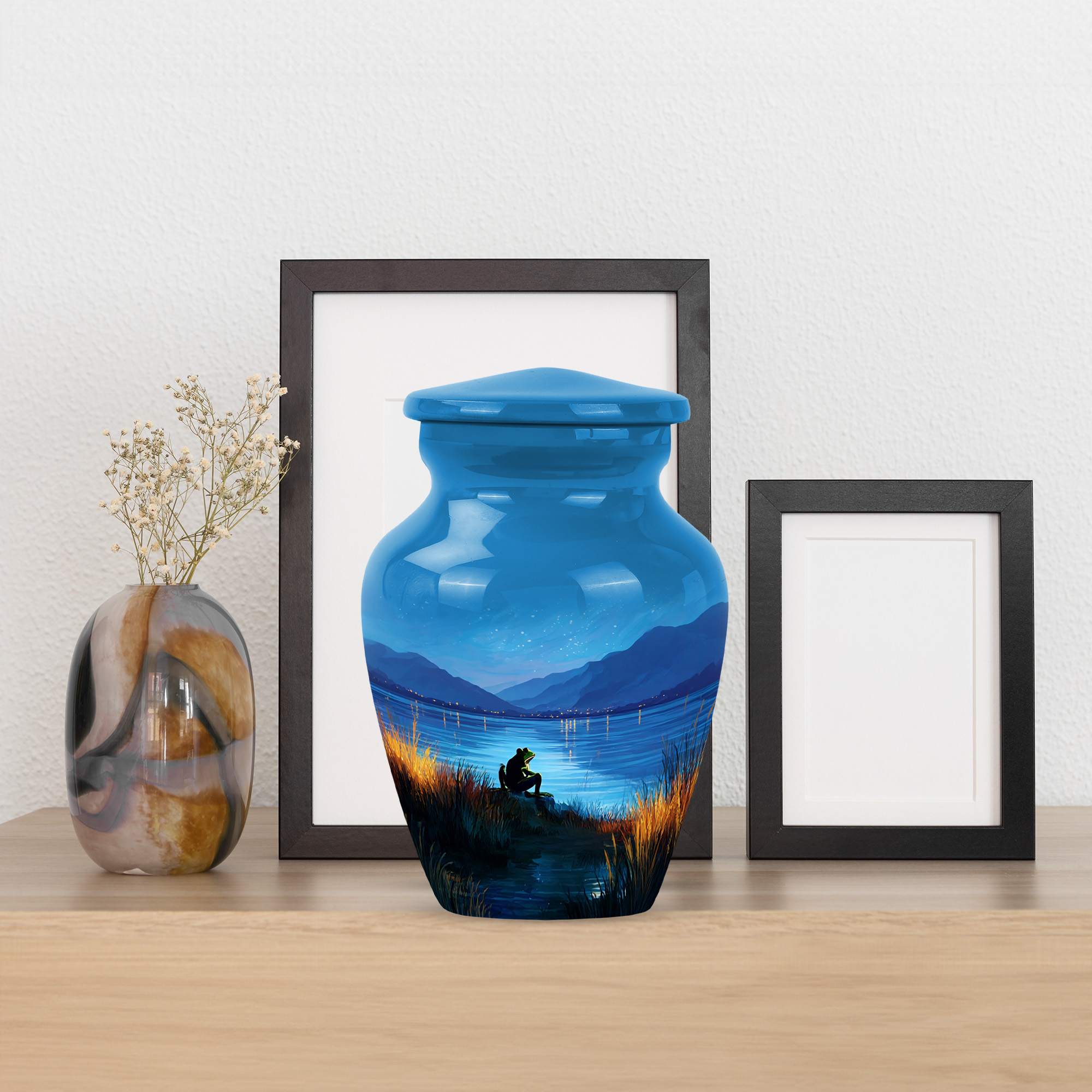 MUKTIVE Frog Tiny Cremation Urn, Mini Blue Urns for Adult Male, Keepsake Starry Night Memorial Urns for Human Ashes Adult Man, Mountain Funeral Urn for Human Ashes, 3 Inch