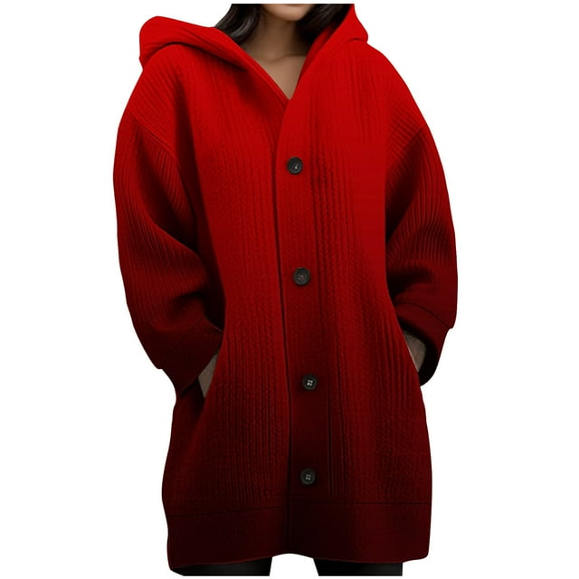 JGGSPWM Womens Printed Long Sleeve Chunky Cable Knit Fall Cardigans Sweaters Button Down Open Front Hooded Outerwear with Pockets Red S