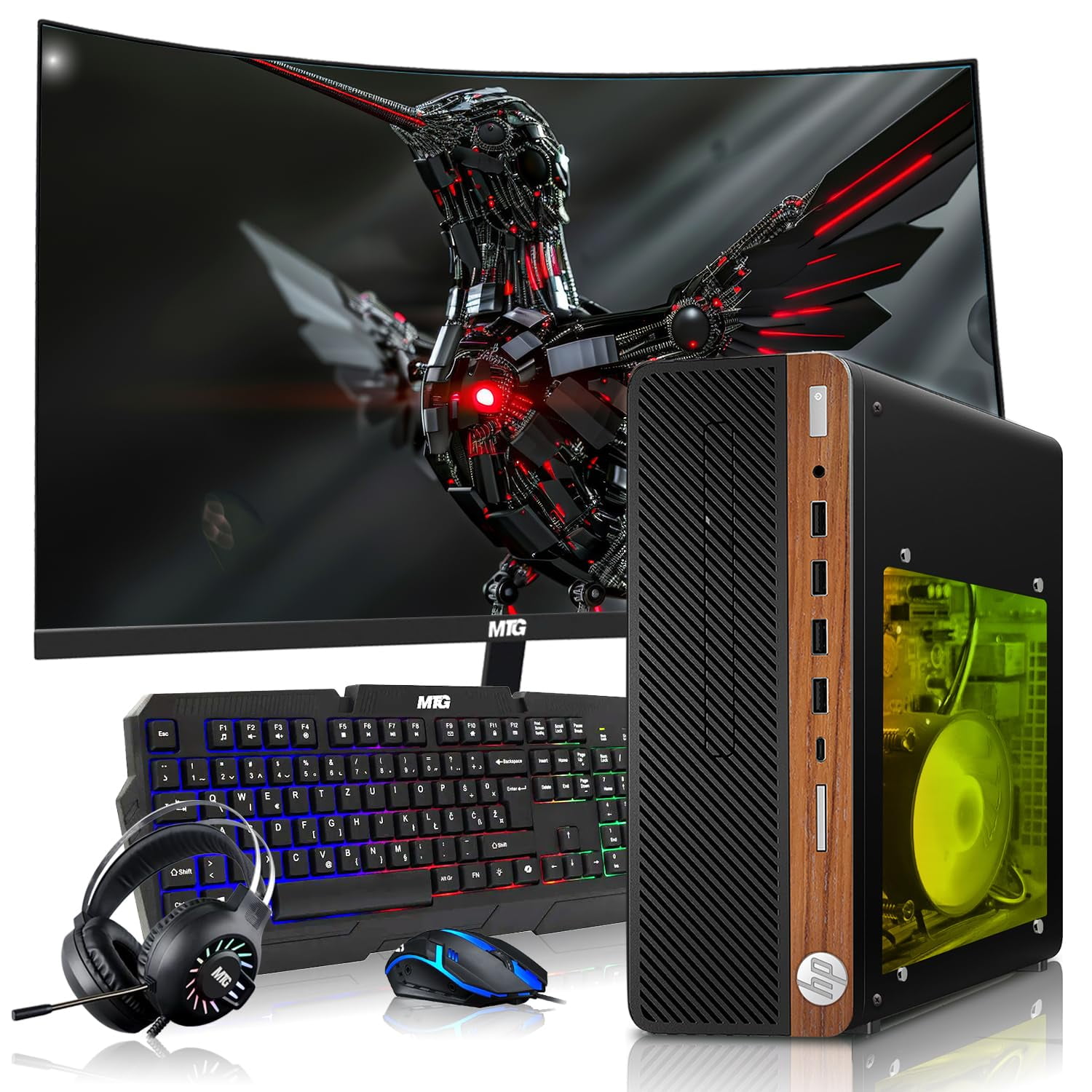Restored HP Half Dark Gaming PC Desktop Computer – AMD Pro A10-9700,GT 1030 Graphics,8GB RAM,1TB SSD,27 Inch Curved Monitor,RGB Keyboard with AI Copilot,Mouse,WiFi,RGB Headphone,Windows 11