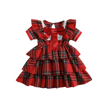

EYIIYE Toddler Kids Girls Red Plaid Princess Dress Lace Trim Crew Neck Short Fly Sleeve Ruffles Casual Dress 6 Months-4 Years