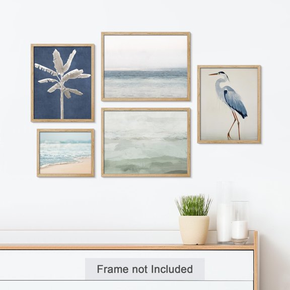 PixonSign Adhesive Canvas Print Wall Art Set - Sea Ocean & Bird & Plant Landscape Poster Art - Collage Print Gallery Set of 5 Nature Wilderness Modern Digital Art Wall Décor for Home - Unframed