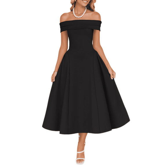 YOGAFOX Women's Off Shoulder Cocktail Dress Elegant A Line Wedding Party Midi Dresses(Black,L)