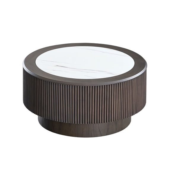 JERFIT 31.5 inch Round Coffee Table with Faux Marble Top and Pedestal Base for Living Room, Small Space Modern Accent Table, Dark Brown