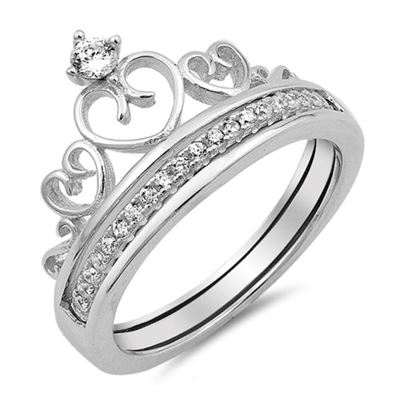 Crown Heart Tiara White CZ Promise Ring ( Sizes 5 6 7 8 9 10 ) New .925 Sterling Silver Band Rings (Size 10)