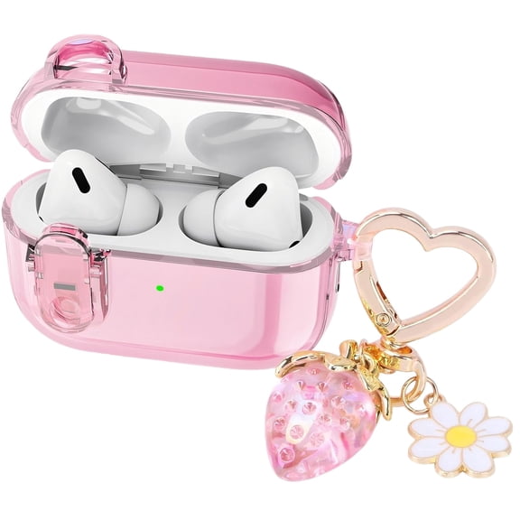 (with safety lock) Compatible with AirPods Pro third-generation headphone case, cute and soft TPU transparent phone case for Apple AirPods Pro 3, with strawberry keychain (pink)