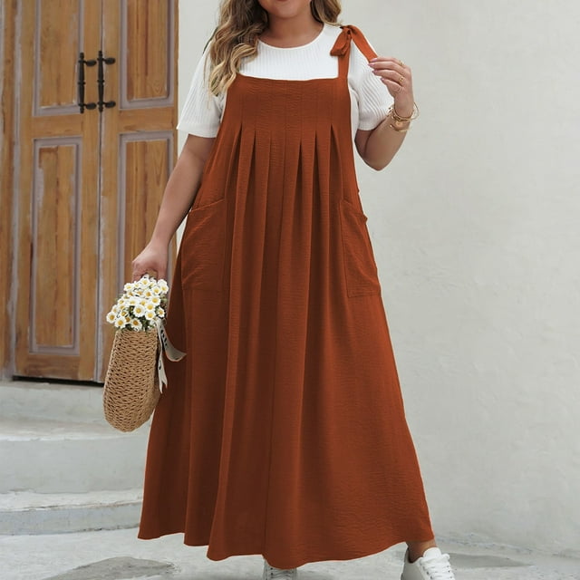 Économies d'Été! RBCKVXZ Robe Salopette à Bavette pour Femmes Ample en Lin Bretelles Ajustables Tablier Robe Maxi avec Poches Brun TTTG