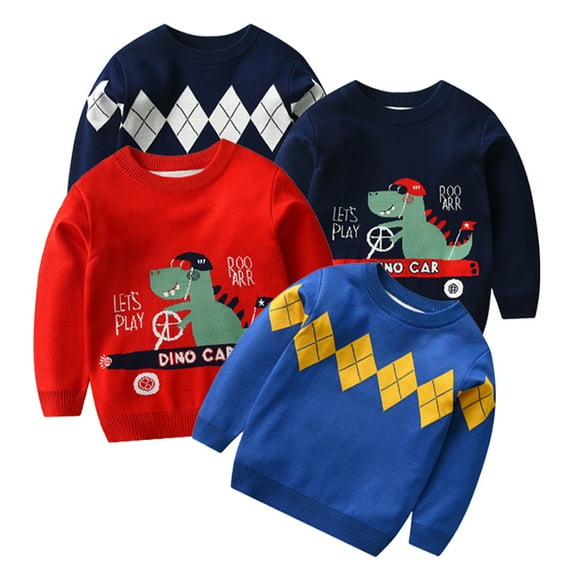Godderr Kids Baby Boys Knit Sweaters Top Autumn Winter Sweatshirt Warm Crew Neck Long Sleeve Dinosaur Print Sweaters Tops for Toddler for 2-8Y