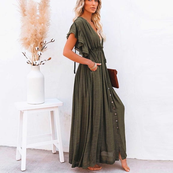 Conairie Swimsuit Coverup For Women Short Sleeve Loose Mesh Bathing Suits Cover Up Summer Beach Long Dress Vacation Outfits Army Green One Size