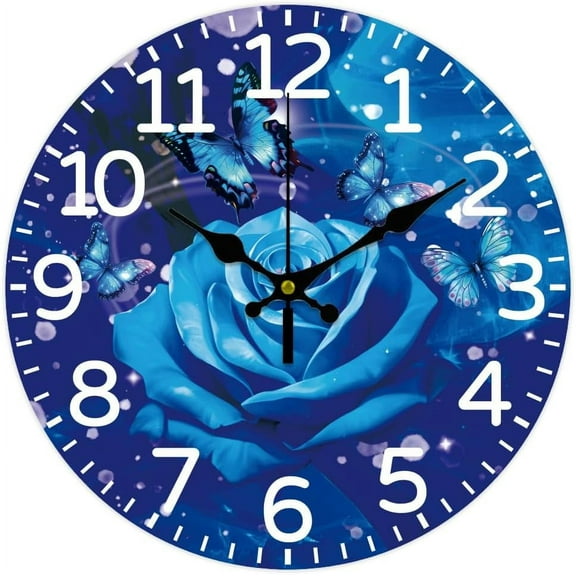 Blue Rose Wall Clock 12 Inch Battery Operated Wall Clocks Butterfly Non Ticking Silent Clock Decorative Clocks for Living Room Office Bedroom Home Decor