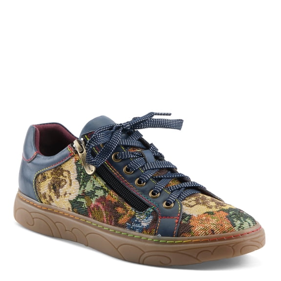 Spring Step L'Artiste Danli-Fab Fashion Sneakers – Premium Leather with Tapestry Print Upper - Lace Up Zipper Closure, Removable Insole, Flat Platform Sole