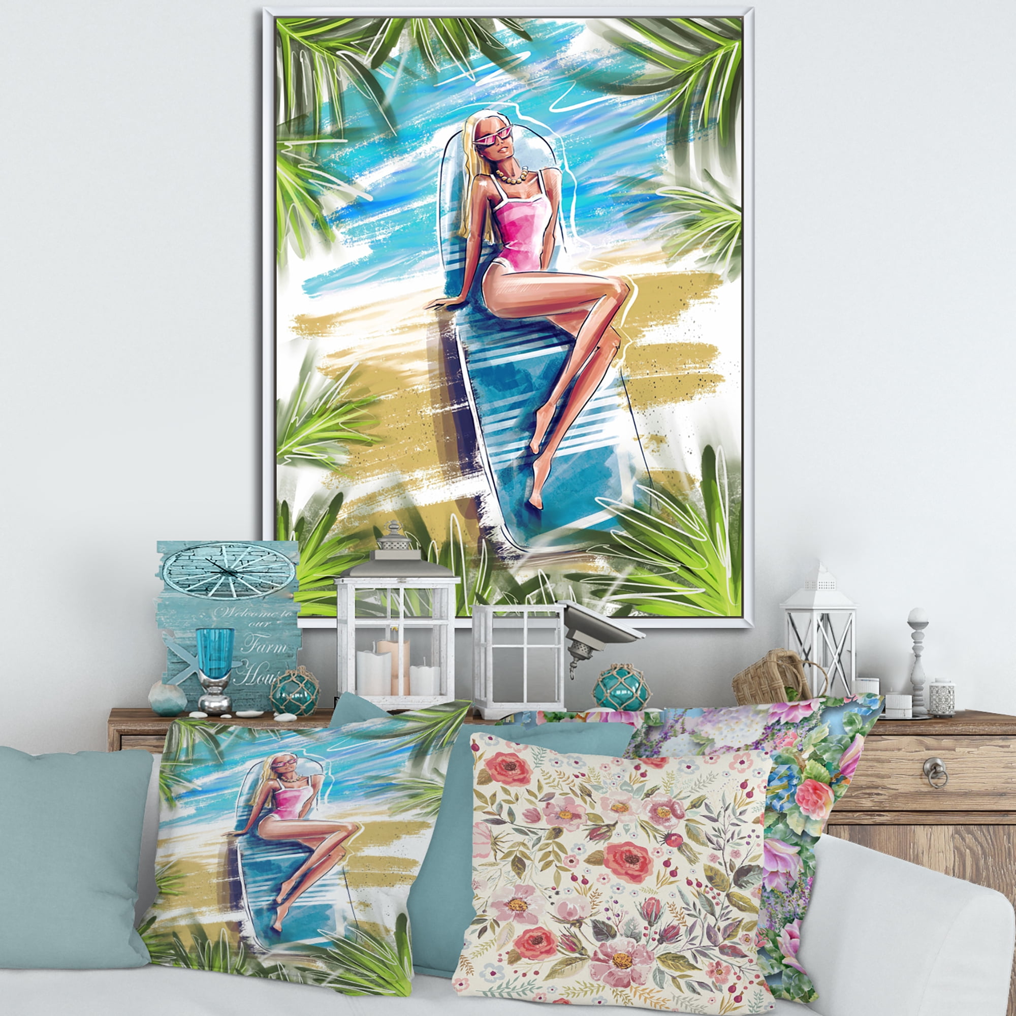 Designart 'Portrait Beautiful Blond Model At The Beach Sunbathing' Nautical & Coastal Framed Canvas Wall Art Print