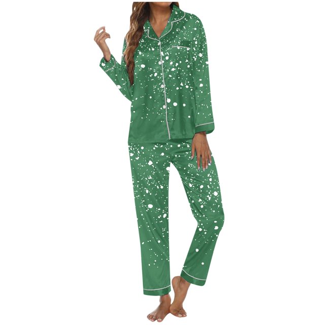 WENXIAOO Ensembles de Pyjama de Noël pour Femmes Pyjamas en Soie pour Femmes Ensemble Chemise Boutonnée à Manches Longues Ensemble de Pjs Pyjamas de Noël Assortis