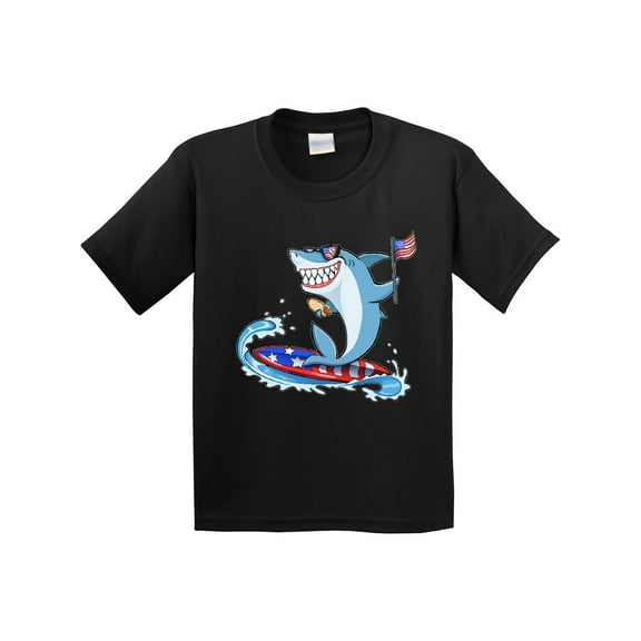 Inktastic Fourth of July Shark Surfing Youth T-Shirt