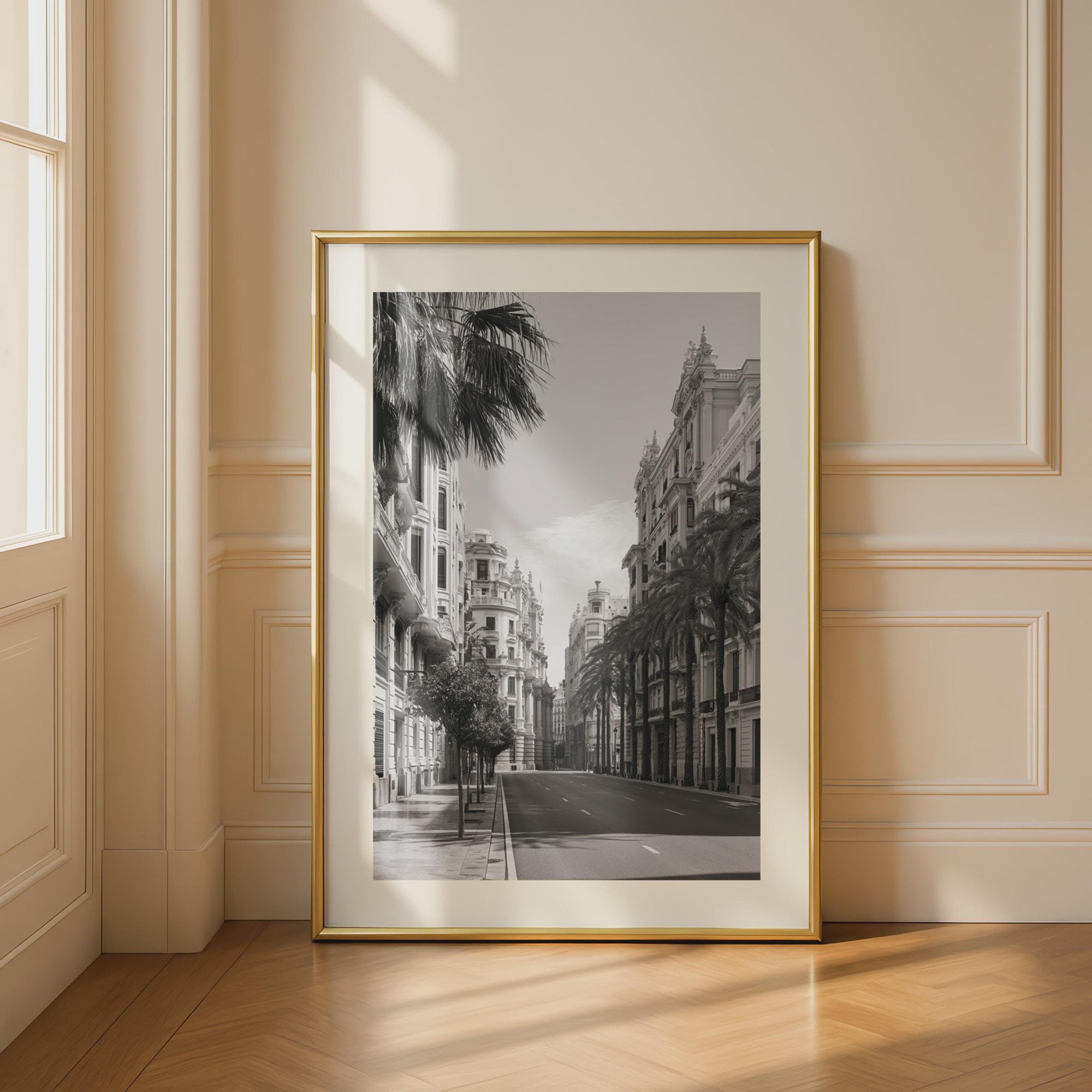 Malaga Street Print Black And White Spain Photography Andalusia City Wall Art Palm Tree Boulevard Spanish Architecture Decor
